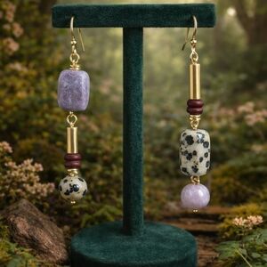 Dalmatian Jasper & Lavender Stone Dangle Earrings | Enchanted Grove Collection